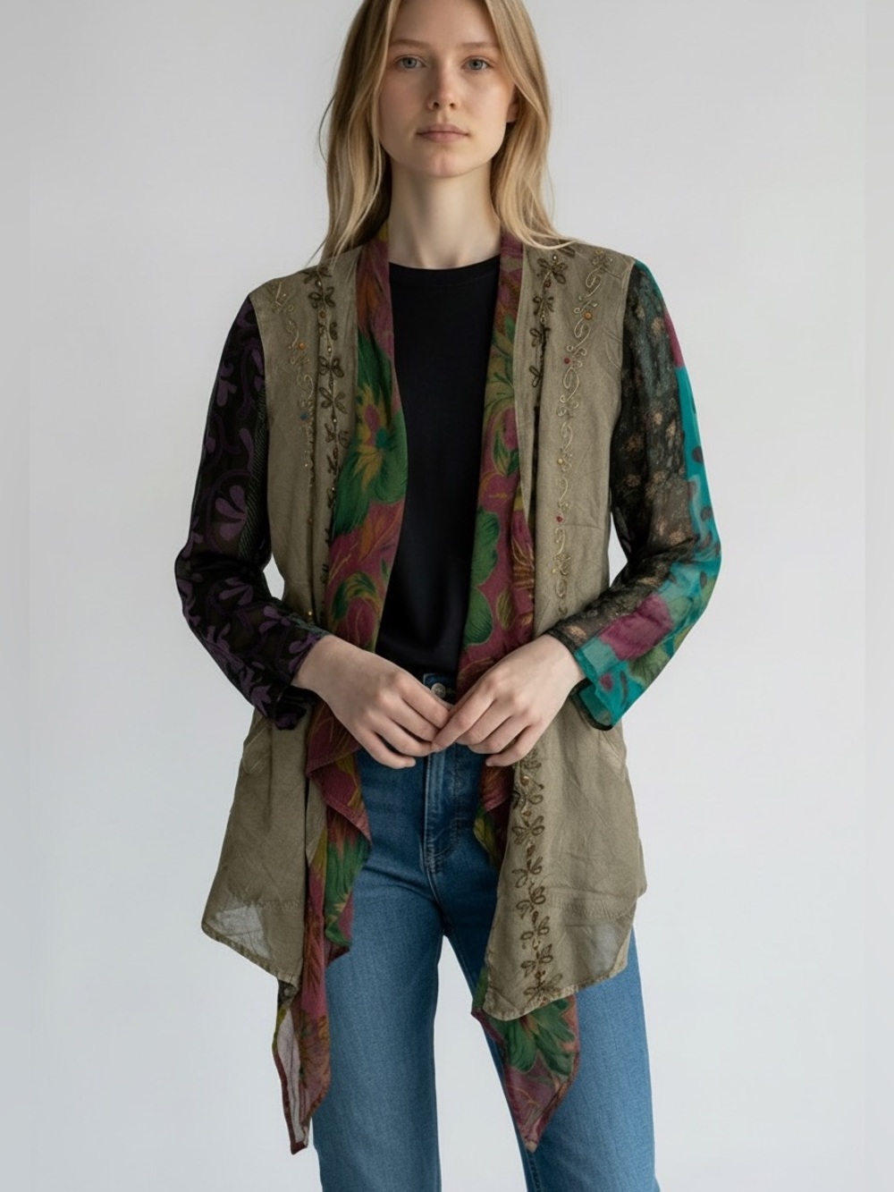 “The Eryn” Boho Mixed-Print Lightweight Iimono with Colorful Sleeve Panels